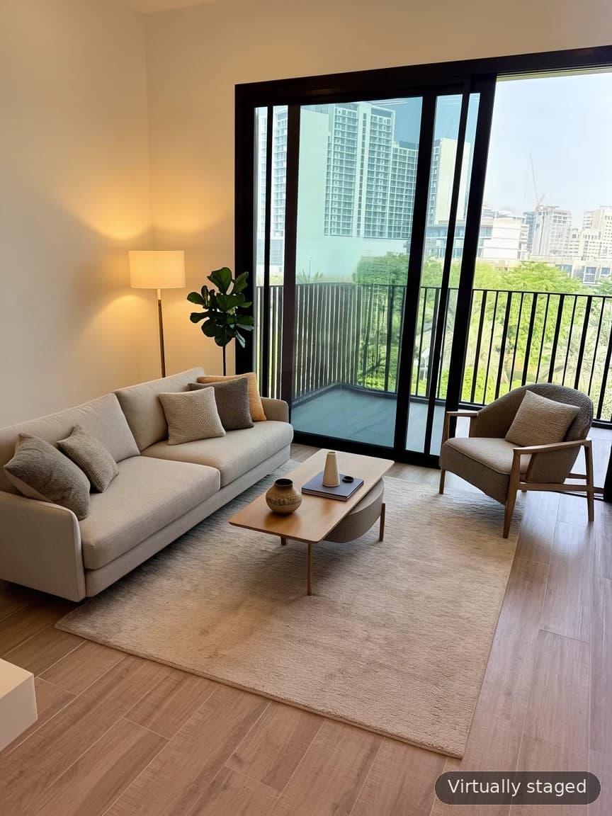 Empty living room with balcony doors, then staged with a sofa, rug and lamp