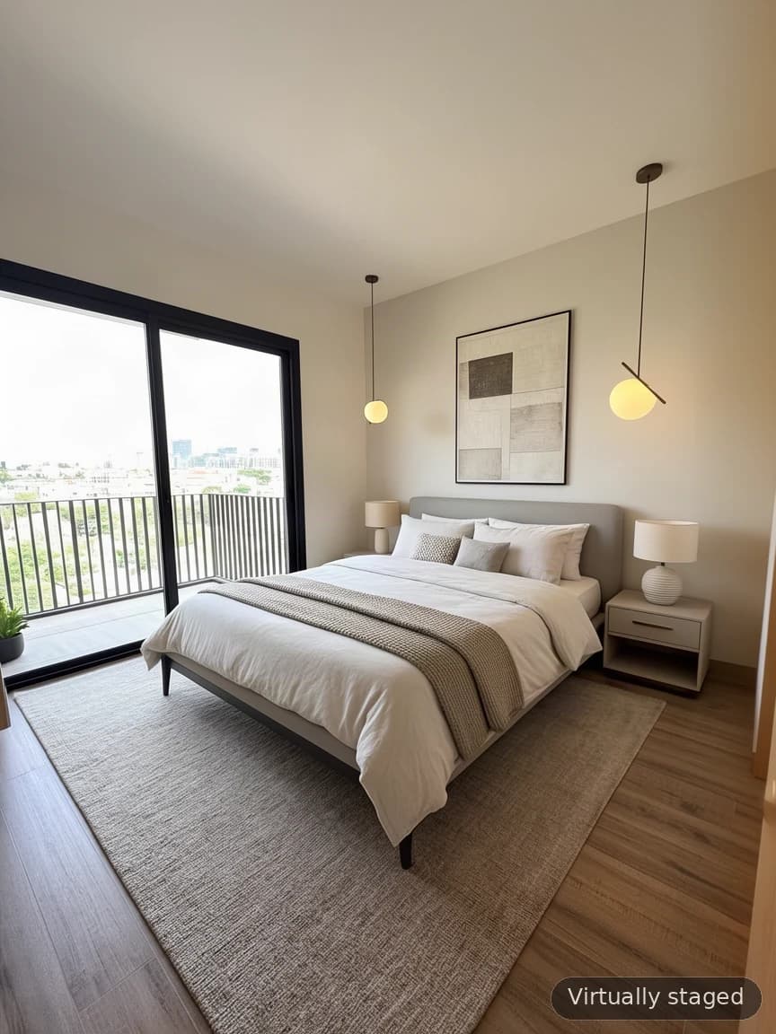 Empty bedroom, then staged with a bed, nightstands and artwork