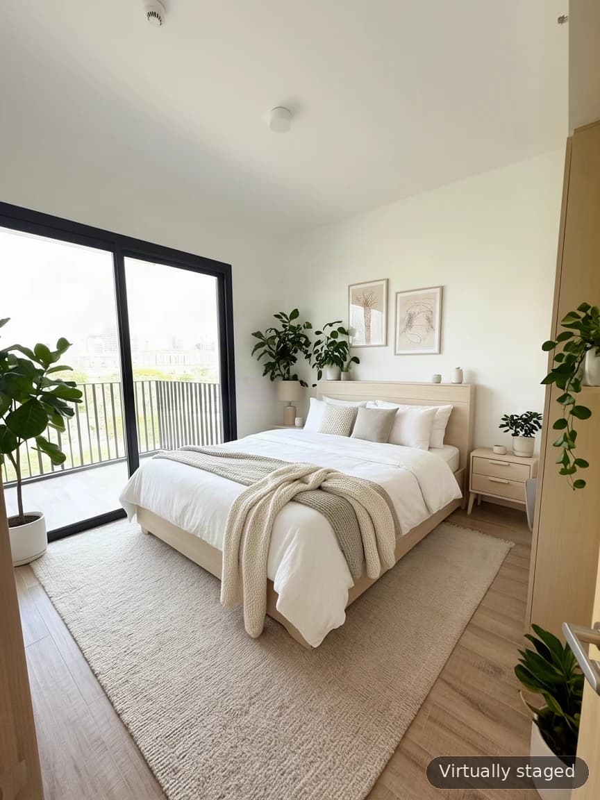 Empty bedroom, then staged in a Scandinavian style with pale wood and soft textiles