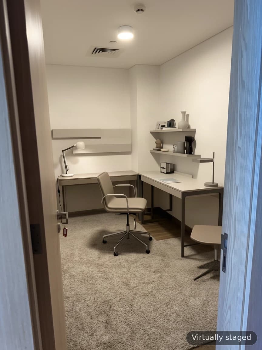 Empty compact study, then staged with a desk, chair and shelving